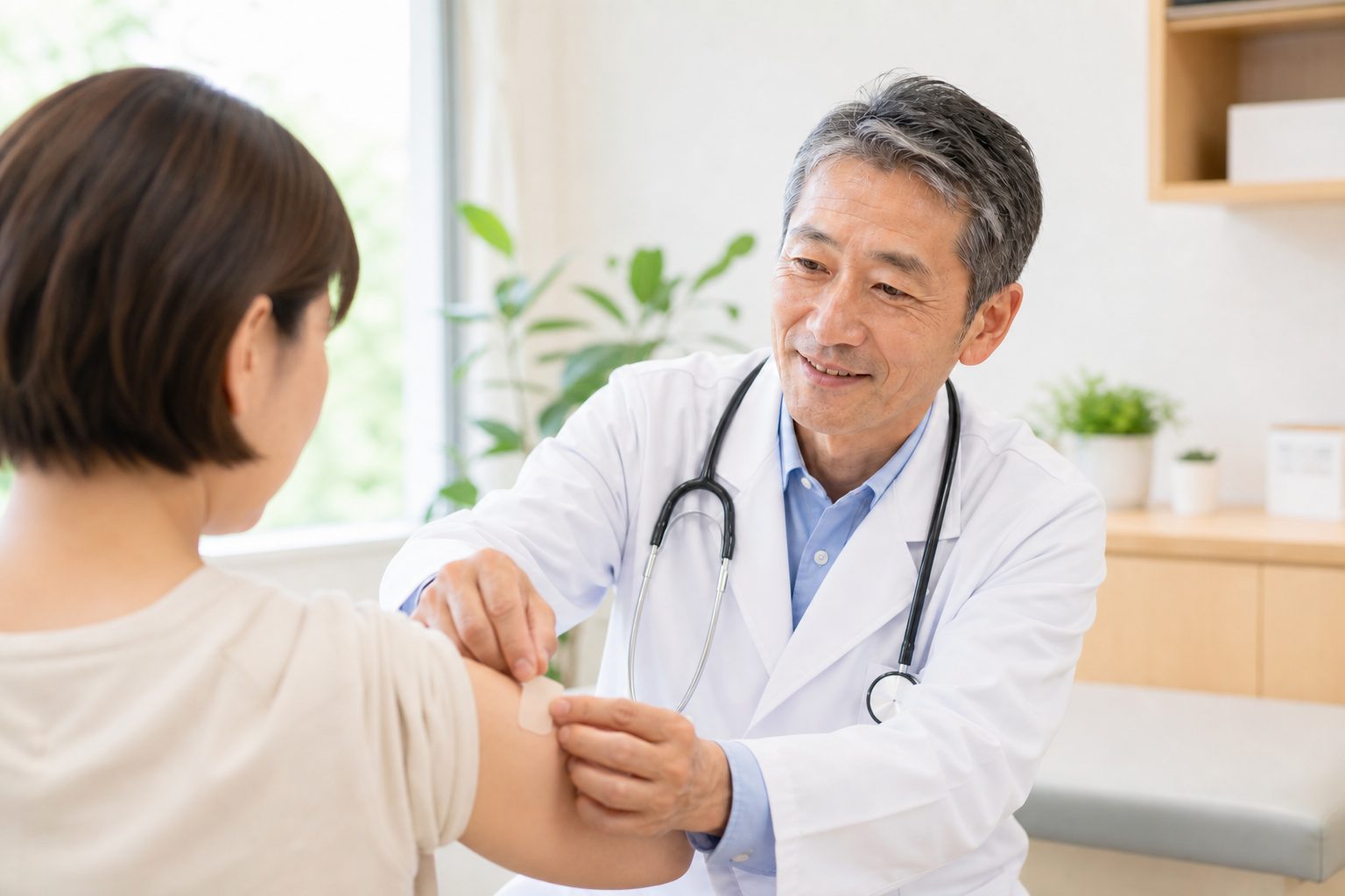 接種のあと、やさしく絆創膏を貼る医師の手元